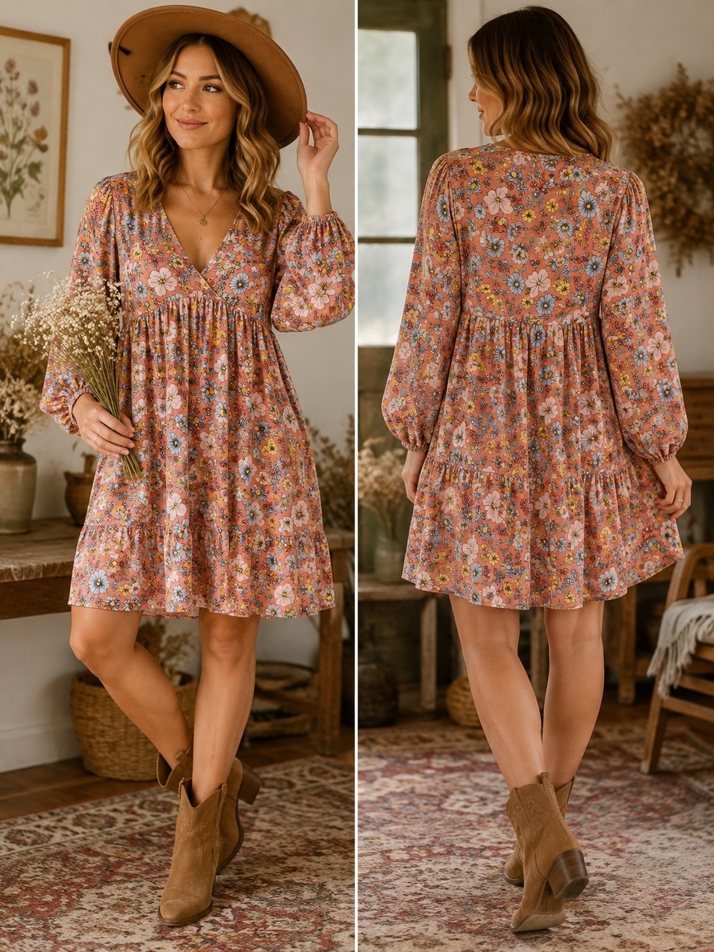 Floral V-Neck Cotton Tiered Swing Boho Dress - Dusty Rose